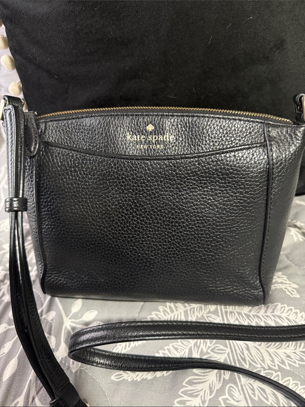 kate spade Monica black pebbled leather crossbody with gold logo
